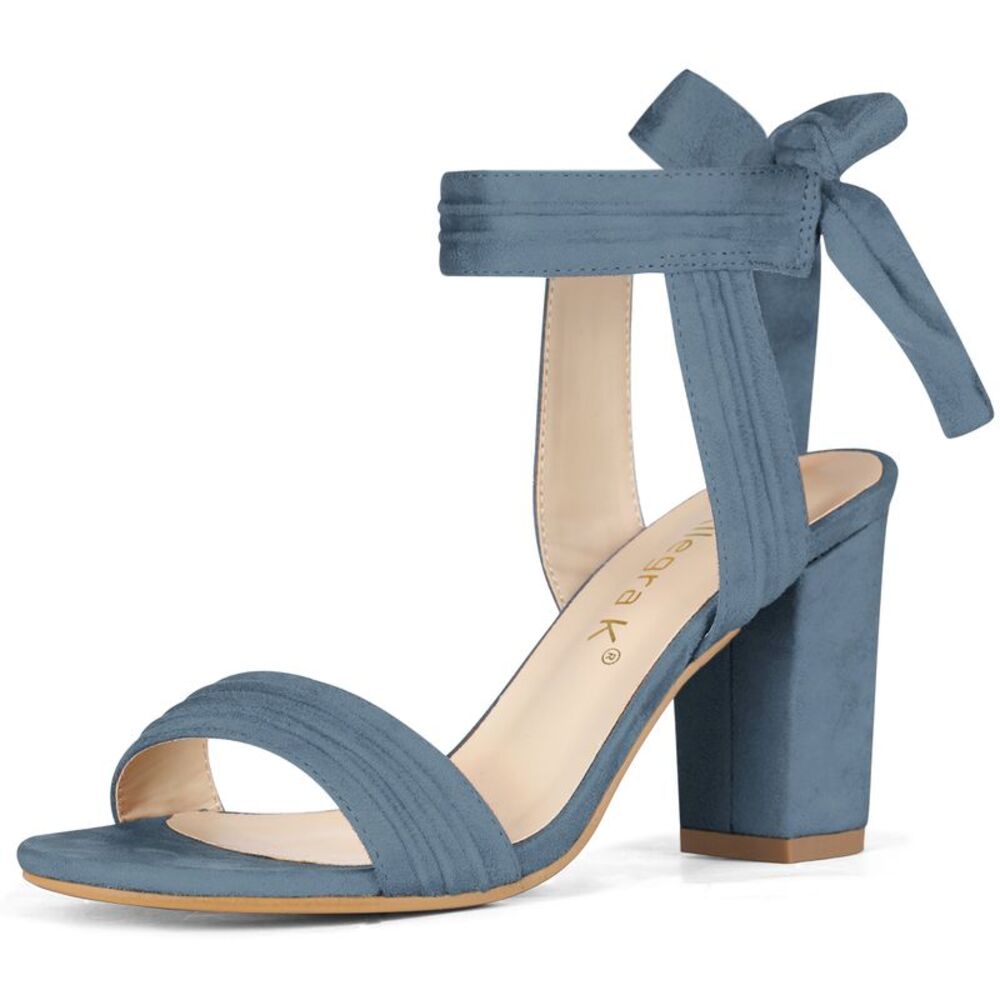 Allegra K Blue Suede Block Heel Ankle Tie Sandals